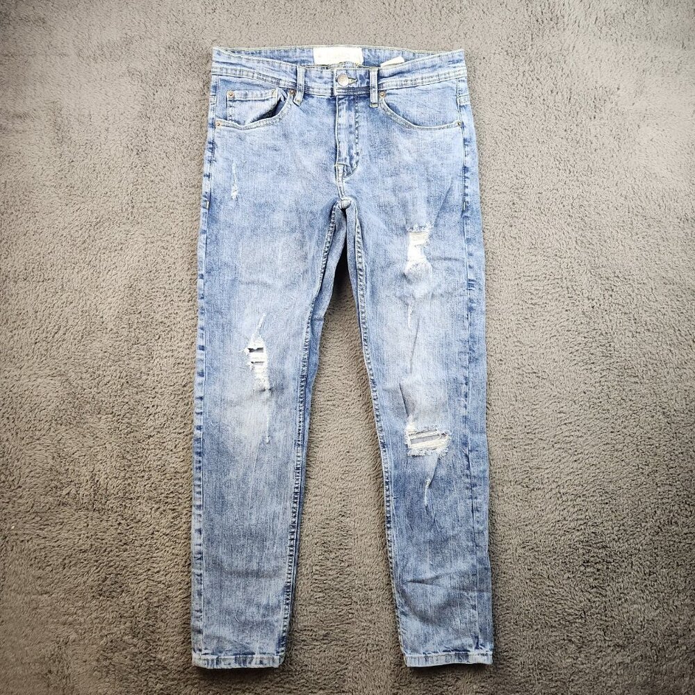 Akademiks Jeanius Blue Acid Wash Straight Leg Distressed Denim Jeans Men's 30x32